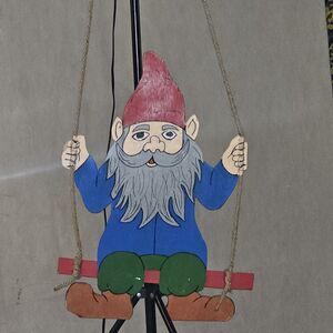 Garden Gnome On Swing Lawn Yard Decor Tree Hanging Gnome Unique Painted Wood